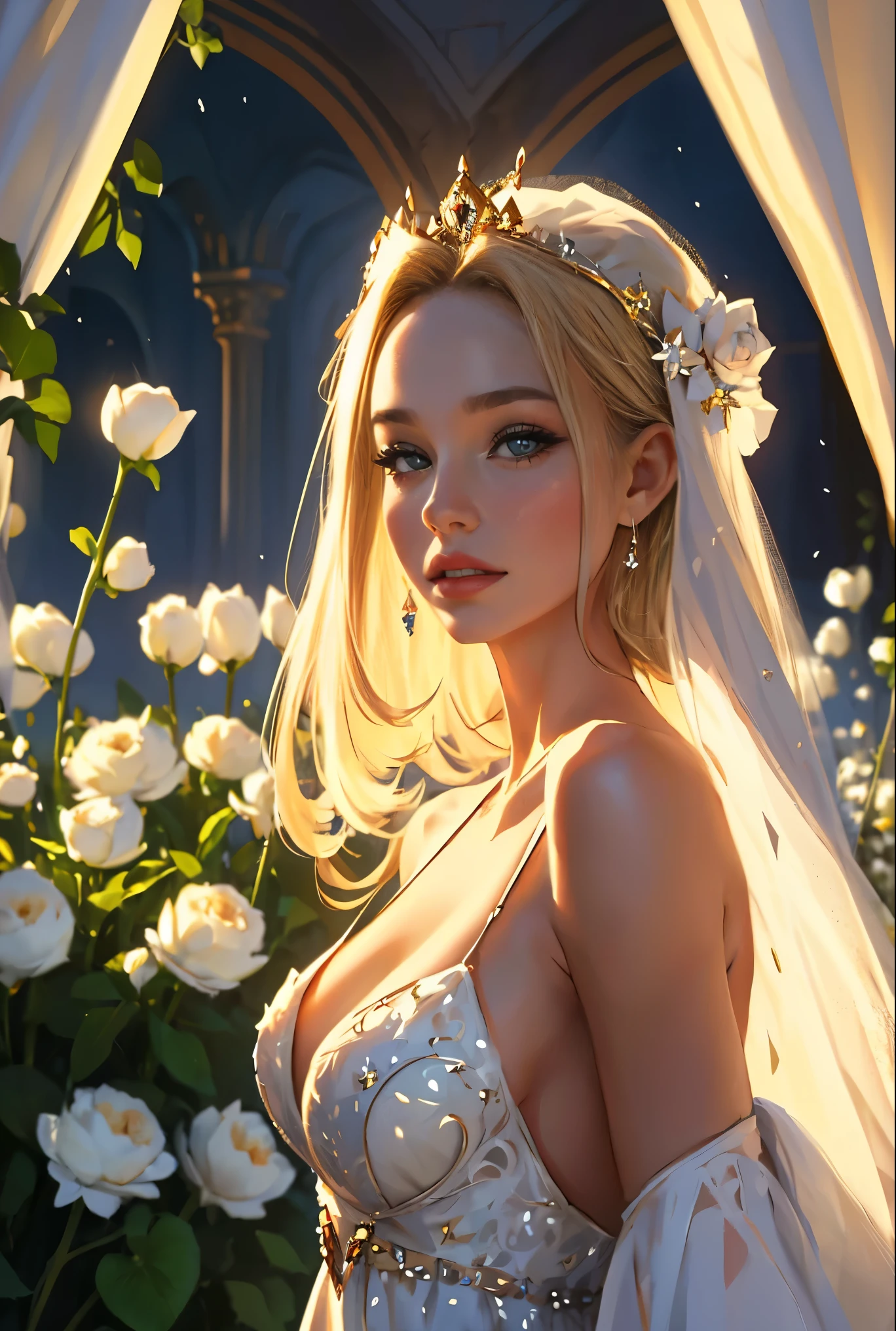 fantasy, Holy Virgin, Goddess, day, gardens, girl, sweet face, with long pale blonde hair, in a light open white dress with diamonds on the fabric, open shoulders, expressive breasts, gorgeous, face looks like Natalie Portman, HD