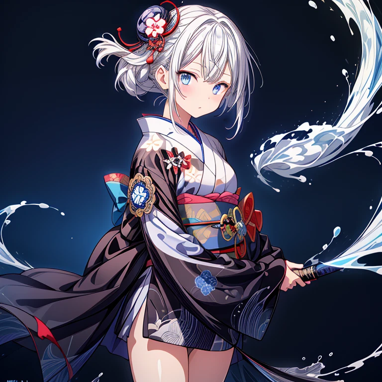 A girl in a kimono stands holding a jet black Japanese sword with a glittering tsuba、White medium hair、blue eyes、A kimono with a galaxy pattern on a blue background、White splashes on a black background、super high quality、Ultra-fine detail、Ultra-fine kimono patterns,family crest、Facing the viewer、Water splash fractal art、