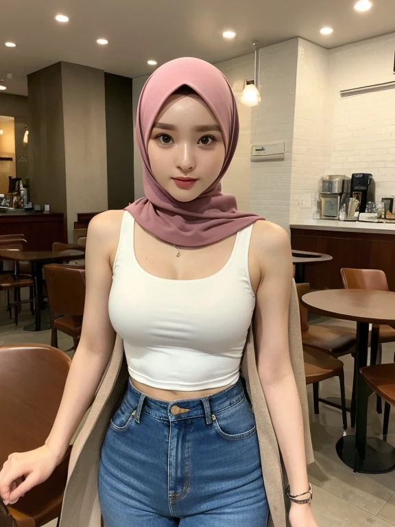 (realisitic、hight resolution:1.3)、1 girl with a perfect figure、Super thin face and eyeodern plain hijab、Tank Tops covering coat:1 in random color.2、Short jeans、in a cafe、coffee on table、Colossal 4k, hd, best quality,
