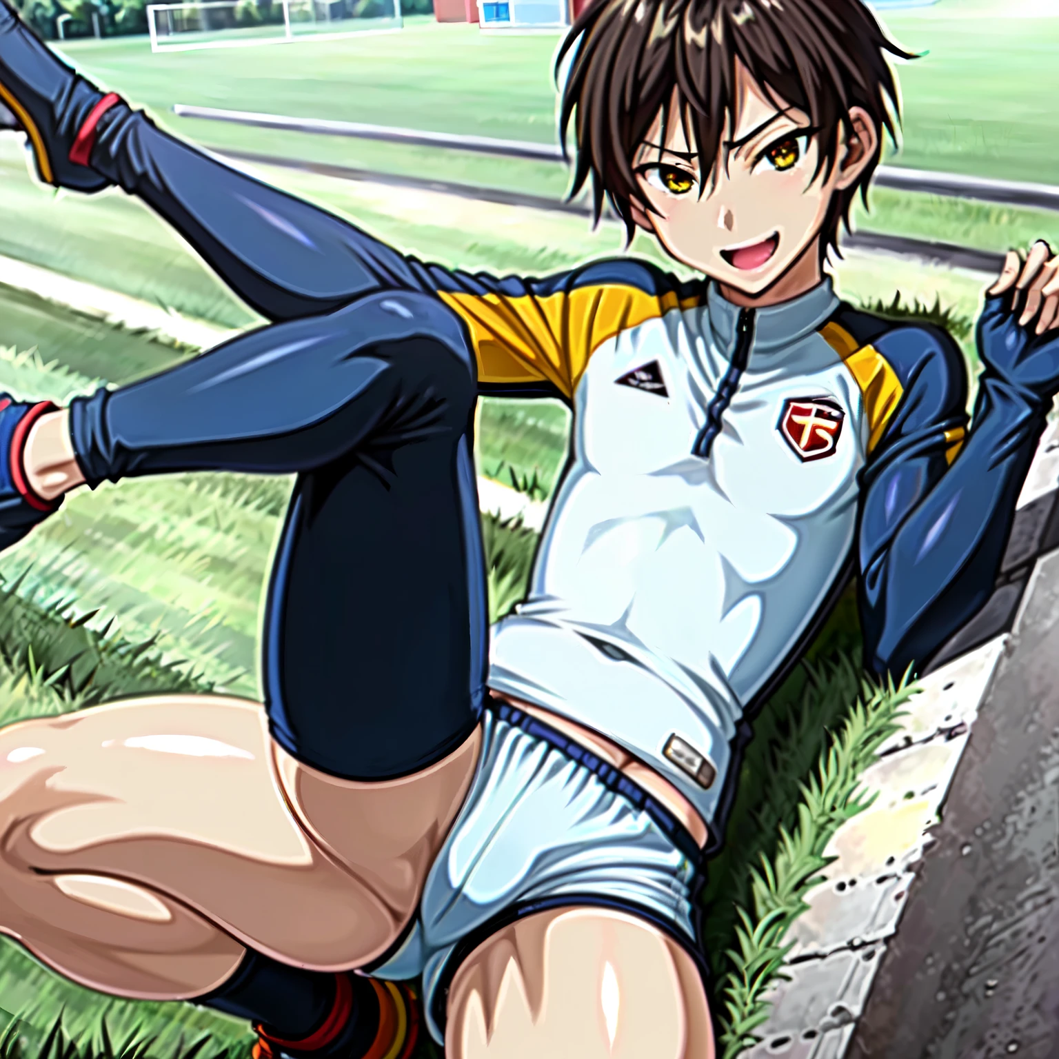 (((Official Art,Ultra-thin illustration,High resolution, Mastepiece, Best Quality,Best Quality,)))high quality, detailed, (Little men),12 year old,(((solo)))、 A young, ace striker male idol with a super cute face,A young man as beautiful as Planding, Smiling cool handsome face, soccer spike, Beautiful long legs, Thighs, Foots, No bulge, (Blonde、Short Hair)、Shiny Hair, (Tight shiny random color soccer uniform suit), (Very short soccer belly shorts), (Long soccer socks), Grassland, Cool pose, (厚いThighs、Seducing a big ass into your crotch)、(((Soccer field in the park)))、((Saucy))、Grinning、Spread legs,Ultra-fine painting, (Best Quality, 8K, High resolution, Mastepiece:1.2),Service shot、((detailedな目:1.2))、Showing off her big ass、Proud ass、(detailedな脚)