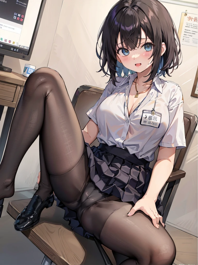 One Girl, alone, ((White shirt)), Black knee socks, Proudly, Cleavage,Black panties,Show off your panties to your audience,Spread your legs wide,脚をSpread your legs,I can see your pants,Spread your legs and show me your panties,Her shirt was turned up、Bra is visible,Spread your legs,Black bra,Big Ass,Large Breasts,Low Angle,Chair下からのアングル,Black pantyhose、 Cowboy Shot,uniform, officeの背景, Black Skirt, Pleated skirt, Very short skirt,pantyhose,office,E Cup, Look at the viewers, alone, Thighs ((masterpiece)), sit, Chair, desk work, Computer on the desk, Name tag, ID Tag, in house, blush, Sexy pose