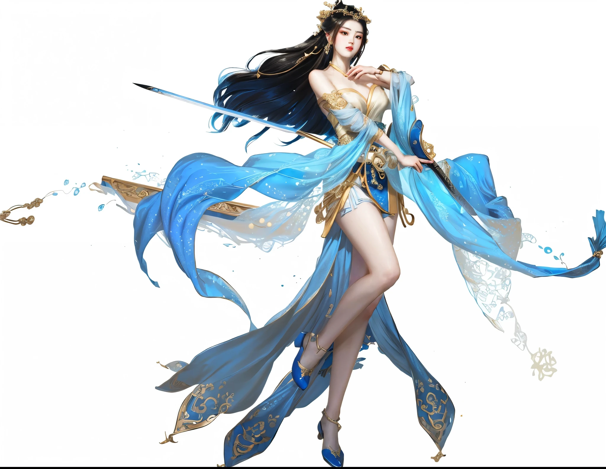 a close up of a woman in a blue dress holding a sword, full body xianxia, g liulian art style, inspired by Lan Ying, a beautiful fantasy empress, inspired by Li Mei-shu, zhao yun, inspired by Qiu Ying, by Yang J, inspired by Du Qiong, inspired by Li Tang, yun ling