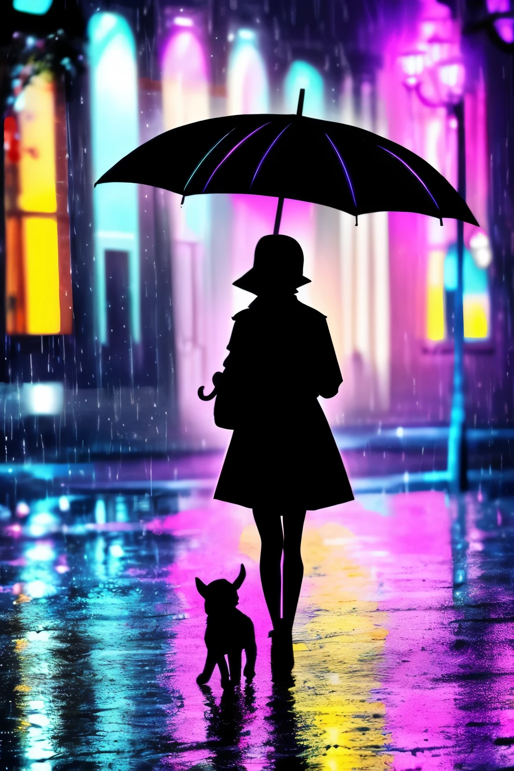 with umbrella, black shadow, a puppy, black painted,rain,luminous design, pastel colours, ink drips, spring lights,background