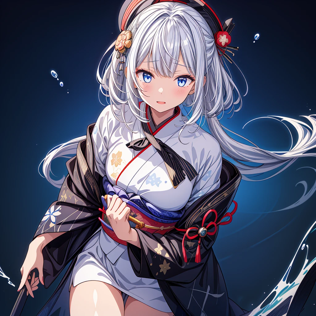 A girl in a kimono stands holding a jet black Japanese sword with a glittering tsuba、White medium hair、blue eyes、A kimono with a galaxy pattern on a blue background、White splashes on a black background、super high quality、Ultra-fine detail、Ultra-fine kimono patterns,family crest、Facing the viewer、Water splash fractal art、