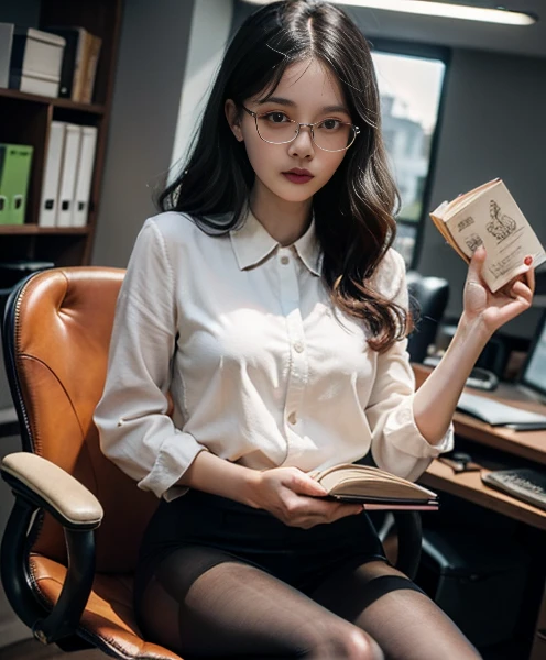 (whole body:1.5)，(((One adult woman, 35 years old)):1.3),((black)））(Displaying the viewer:1.4)，((Anatomically correct):1.45),((sit in office chair):1.2),(She wears big glasses、holding a book in hand:1.15),(shy:1.15)，(Using multiple colors）（suit:1.2), ,(Beige pantyhose):1.3),( High heel leather shoes:1.1)，(Accurate and perfect face:1.3),(Blue eyed blonde:1.2)，Hyper HD, Ray Tracing, reflected light， Structurally correct, Awards, Attention to detail, Brighten the color contrast, Facial lighting ，Cinema Lighting, masterpiece, Super Detail, high quality, Attention to detail, 最high quality, 16k，High Contrast,