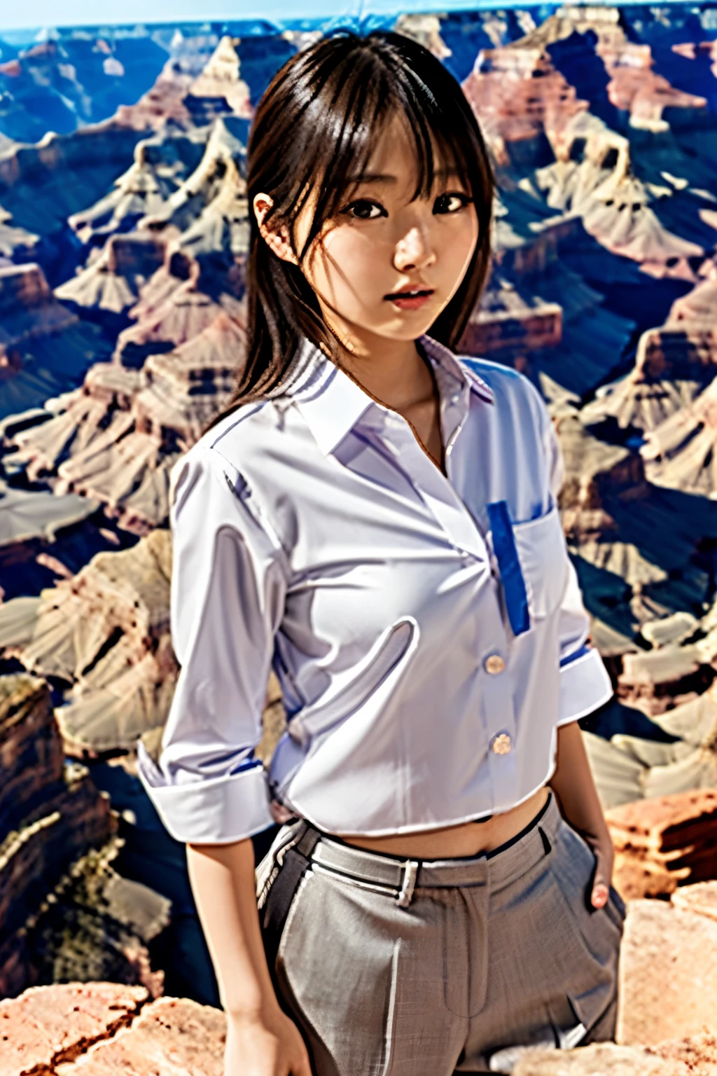 full_body, standing, sandals, (shirt), pants, (grand canyon), (tsubasa_hazuki: 1.2), perfect face, (contact iris: 1.1), pale skin, skin pores , depth of field