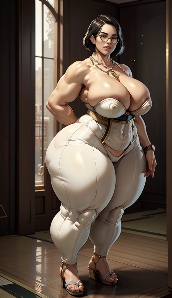 ((best quality)), ((masterpiece)), (detailed), perfect face, thicc woman, beautiful face , thicc girl , widest hips , thicc , thicc body , thicc thighs , slim arms, huge large breasts, her body is thicc, full body view, dark-black room, black bokeh background, thight dress, wearing sandles, short hairstyle, diamond necklace, wearing a watch, tall woman, restore face, white skin , longest thight pants , glasses , cold vibes, , 4k resolution, japanese goddess