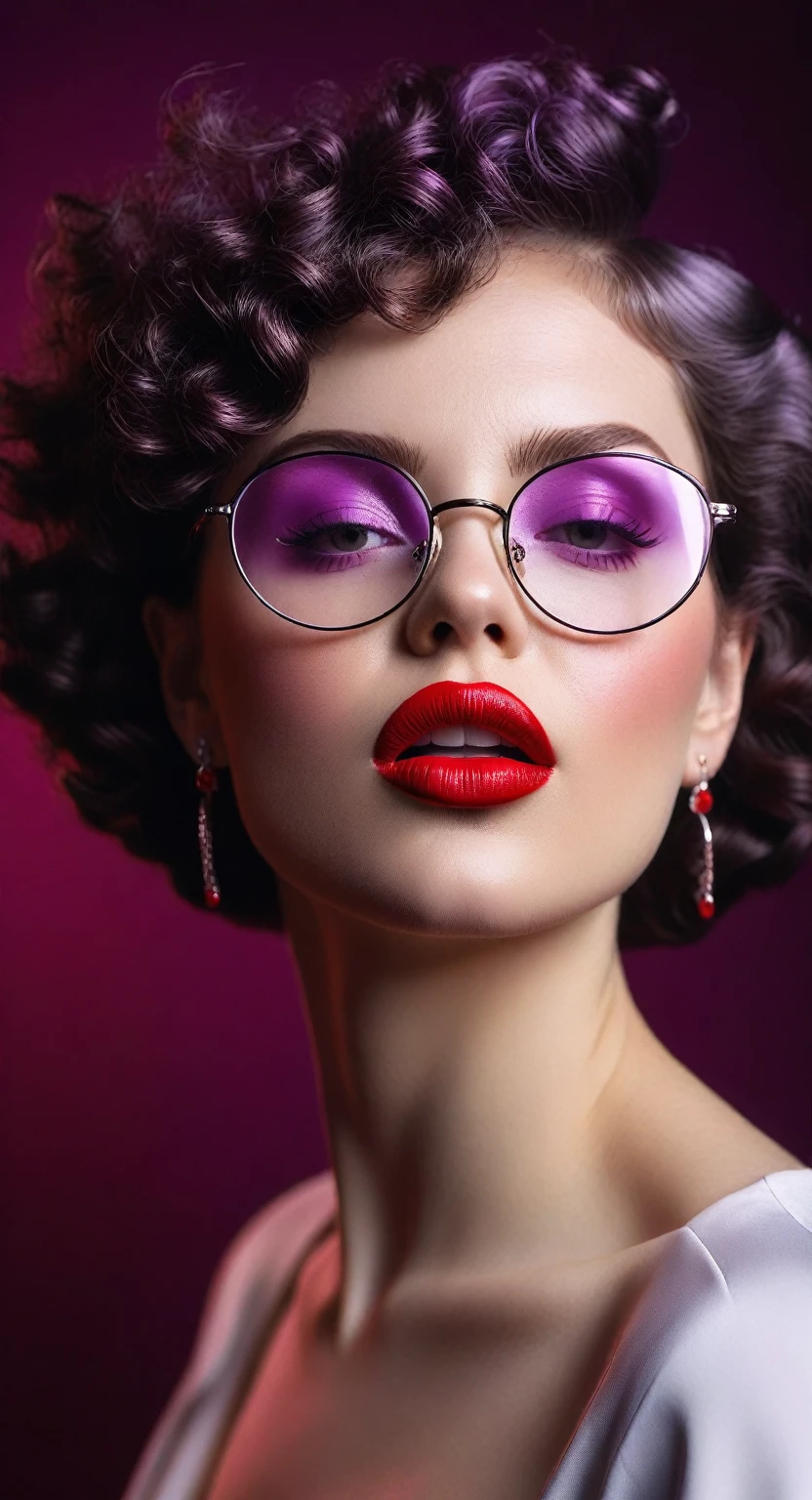 Slightly curly hair, Rimless glasses, small spots at the corners of the mouth, / pay attention to the lilac earrings, slightly open mouth, Red lips, surrealism, High detail, strong chiaroscuro, film grain, panorama, ultra high resolution, accurate, Textured leather.