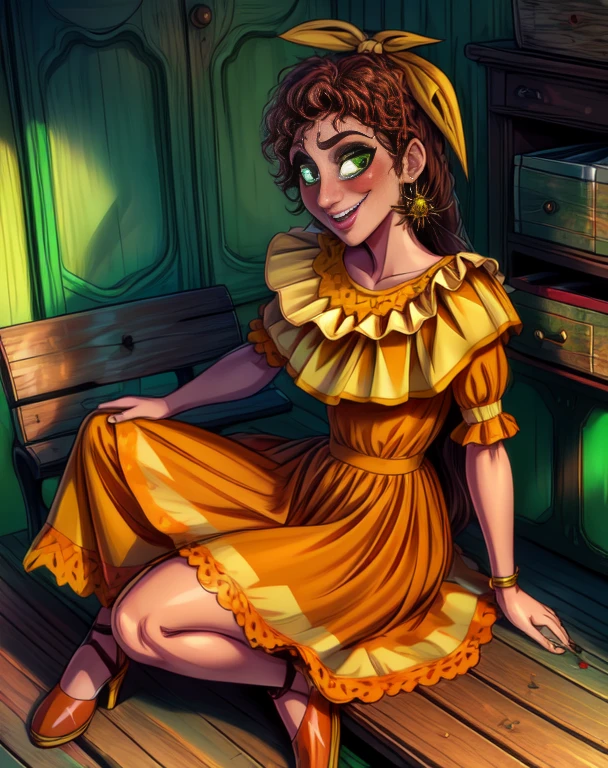 paper,green eyes,Brown hair,hair,
yellow dress,earrings,bow,
Sitting, full body,
village,Sun Ray,happy, orange heels,
(insanely detailed, beautiful detailed face, masterpiece, Best quality), sexy, small breasts, skinny, on a bench