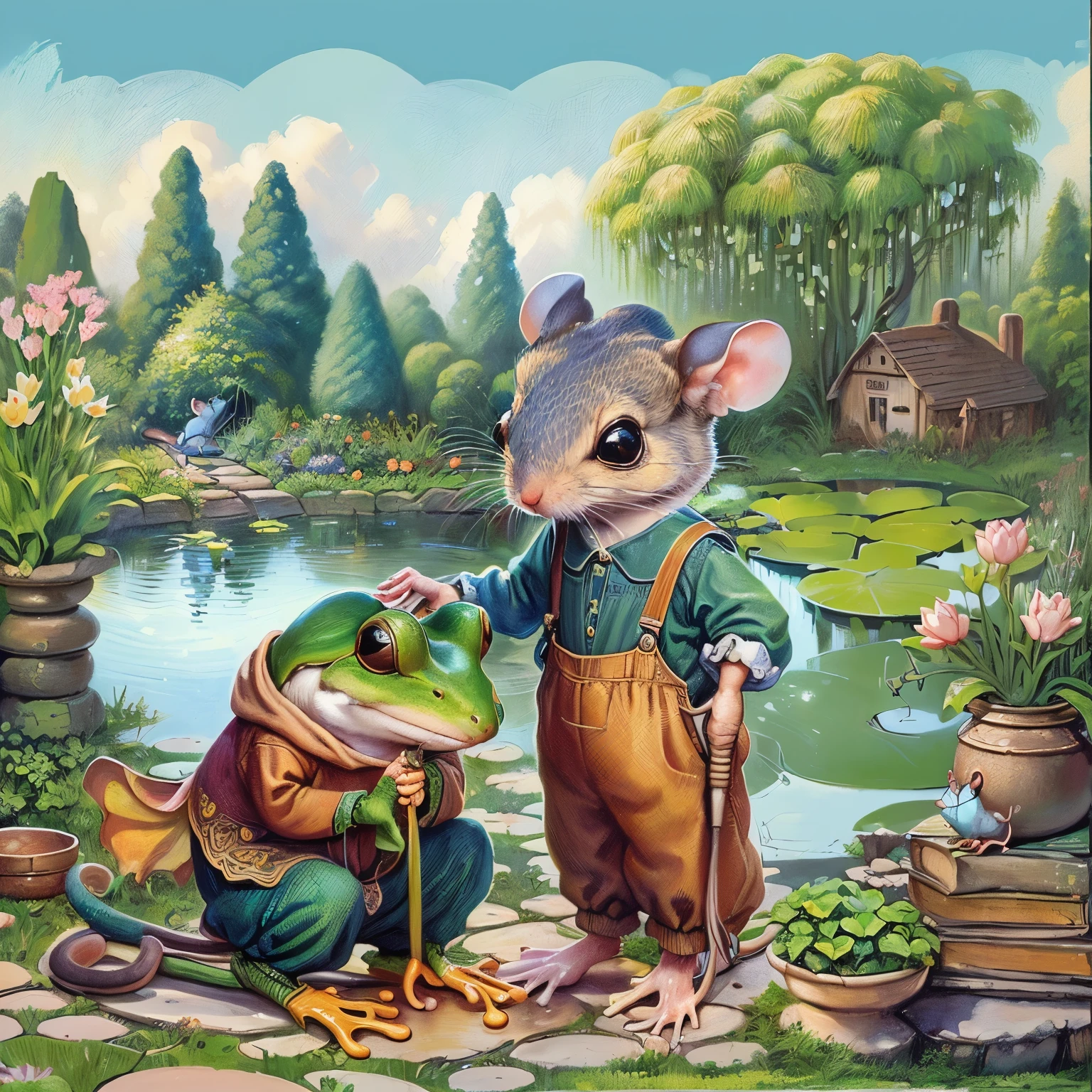 Oil painting of a mouse and a frog in a garden with a pond, Full color illustrations, Anthropomorphic mouse, Storybook illustration, Storybook illustration, rat tribe, cute Storybook illustration, Todd Shore highly detailed, Todd Shore, Children's Book Illustrations, Children's book illustrations, Children's Book Illustrations, Children's book illustrations, darrell k sweet, Mouse in clothes