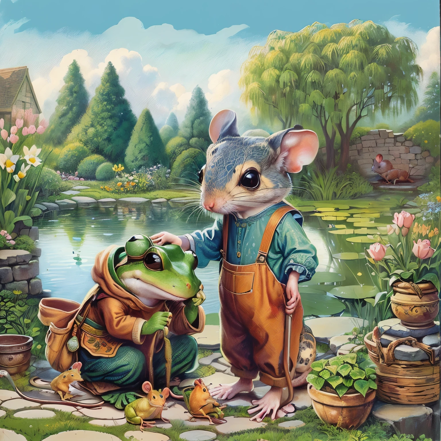 Oil painting of a mouse and a frog in a garden with a pond, Full color illustrations, Anthropomorphic mouse, Storybook illustration, Storybook illustration, rat tribe, cute Storybook illustration, Todd Shore highly detailed, Todd Shore, Children's Book Illustrations, Children's book illustrations, Children's Book Illustrations, Children's book illustrations, darrell k sweet, Mouse in clothes