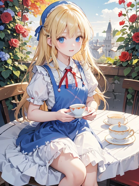 (8k, highest quality, Tabletop:1.2)、Ultra-high resolution、Alice in Wonderland, One ****************, Detailed face、blue eyes, Blonde, Red ribbon on head, Red dress, White apron, blue sky, garden, Red Rose, table cloth, Cake and tea set on the table, Stand by the table