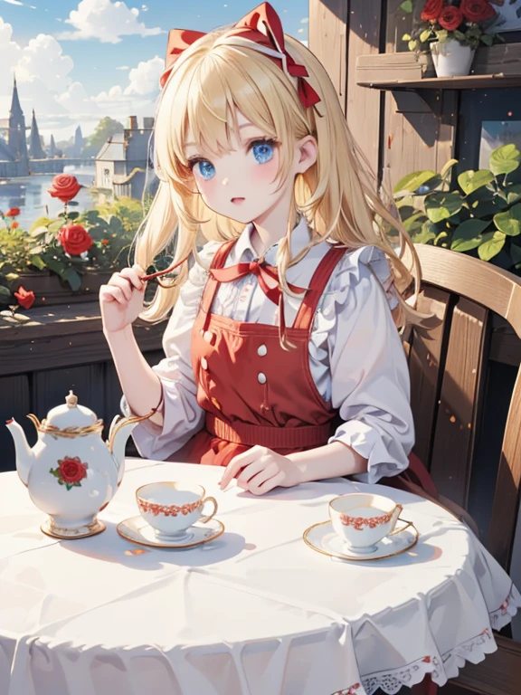 (8k, highest quality, Tabletop:1.2)、Ultra-high resolution、Alice in Wonderland, One ****************, Detailed face、blue eyes, Blonde, Red ribbon on head, Red dress, White apron, blue sky, garden, Red Rose, table cloth, Cake and tea set on the table, Stand by the table