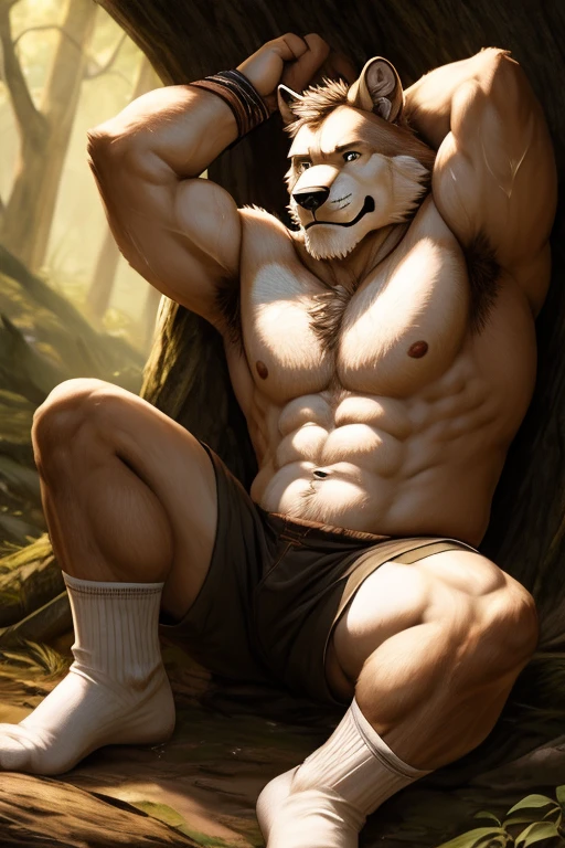 muscular sweaty chubby anthropomorphic wild white beast sitting on the floor, cross-legged, one leg up, arms up, smiling. close-up: armpits, sweaty wet white socks, white socks, sport socks, wet skin, drops of sweat. photo realistic style, masculinity, wilderness. semi-darkness, soft light, detailed fur