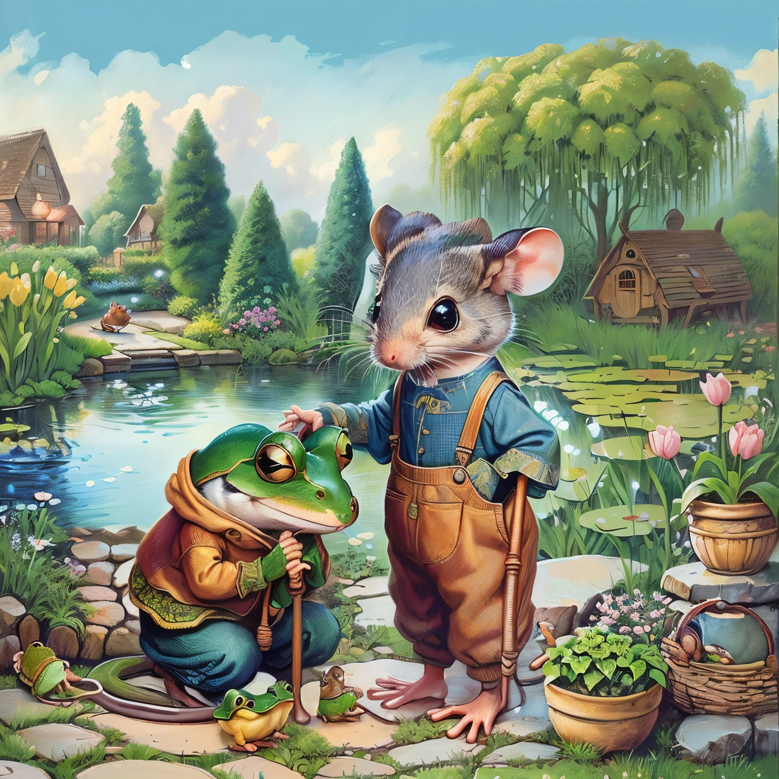 Oil painting of a mouse and a frog in a garden with a pond, Full color illustrations, Anthropomorphic mouse, Storybook illustration, Storybook illustration, rat tribe, cute Storybook illustration, Todd Shore highly detailed, Todd Shore, Children&#39;s Book Illustrations, Children&#39;s book illustrations, Children&#39;s Book Illustrations, Children&#39;s book illustrations, darrell k sweet, Mouse in clothes