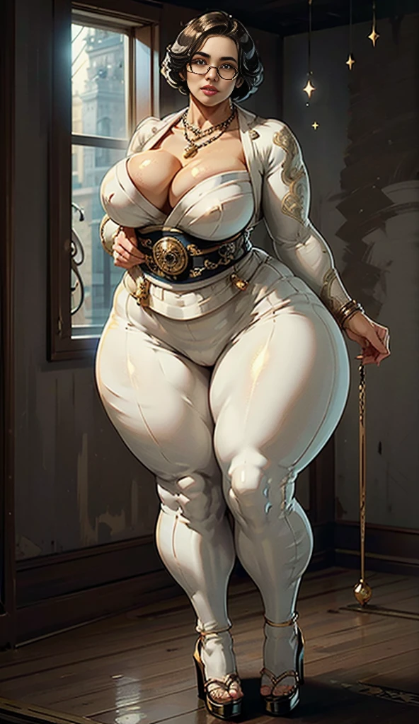 ((best quality)), ((masterpiece)), (detailed), perfect face, thicc woman, beautiful face , thicc girl , widest hips , thicc , thicc body , thicc thighs , slim arms, huge large breasts, her body is thicc, full body view, dark-black room, black bokeh background, thight dress, wearing sandles, short hairstyle, diamond necklace, wearing a watch, tall woman, restore face, white skin , longest thight pants , glasses , cold vibes, , 4k resolution, japanese goddess