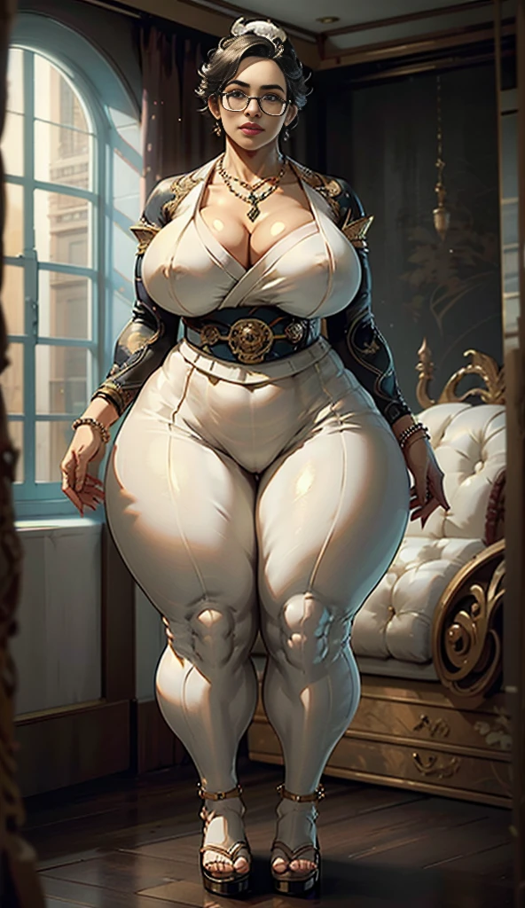 ((best quality)), ((masterpiece)), (detailed), perfect face, thicc woman,  beautiful face , thicc girl , widest hips , thicc , thicc body , thicc thighs , slim arms, huge large breasts, her body is thicc, full body view, dark-black room, black bokeh background, thight dress, wearing sandles, short hairstyle, diamond necklace, wearing a watch, tall woman, restore face, white skin , longest thight pants , glasses , cold vibes, , 4k resolution, japanese goddess
