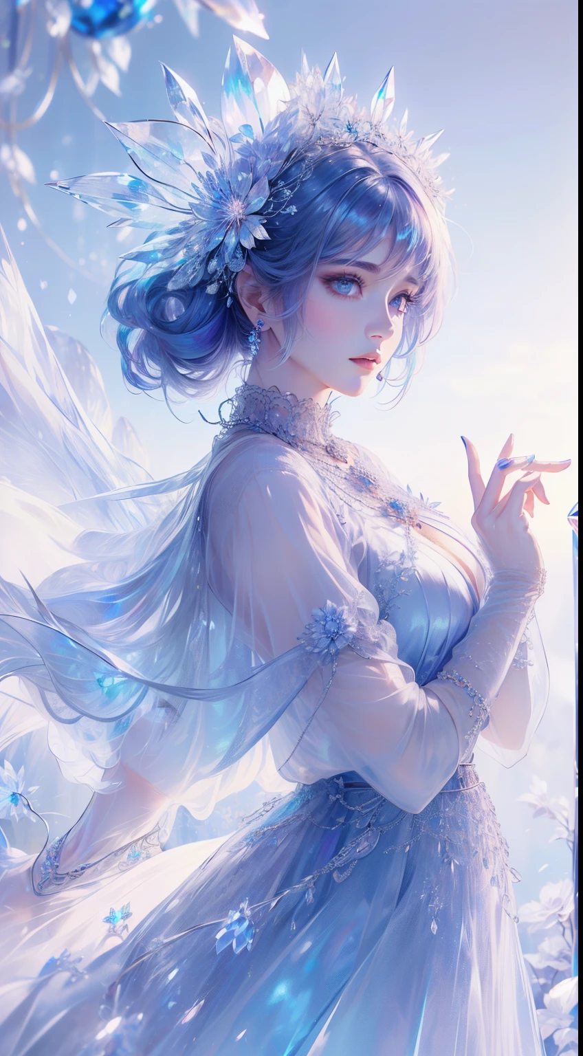 masterpiece,Maximum resolution,((((diamond)))),Beautiful aristocratic girl dynamic head,blue hair curled elegantly,,jewelry,adiamondnecklace,(((wearing a huge cloak))),Purple clear eyes,(((The hair is covered with beautiful and delicate floral work, Crystal jewelry filigree))),extreme detailed details。