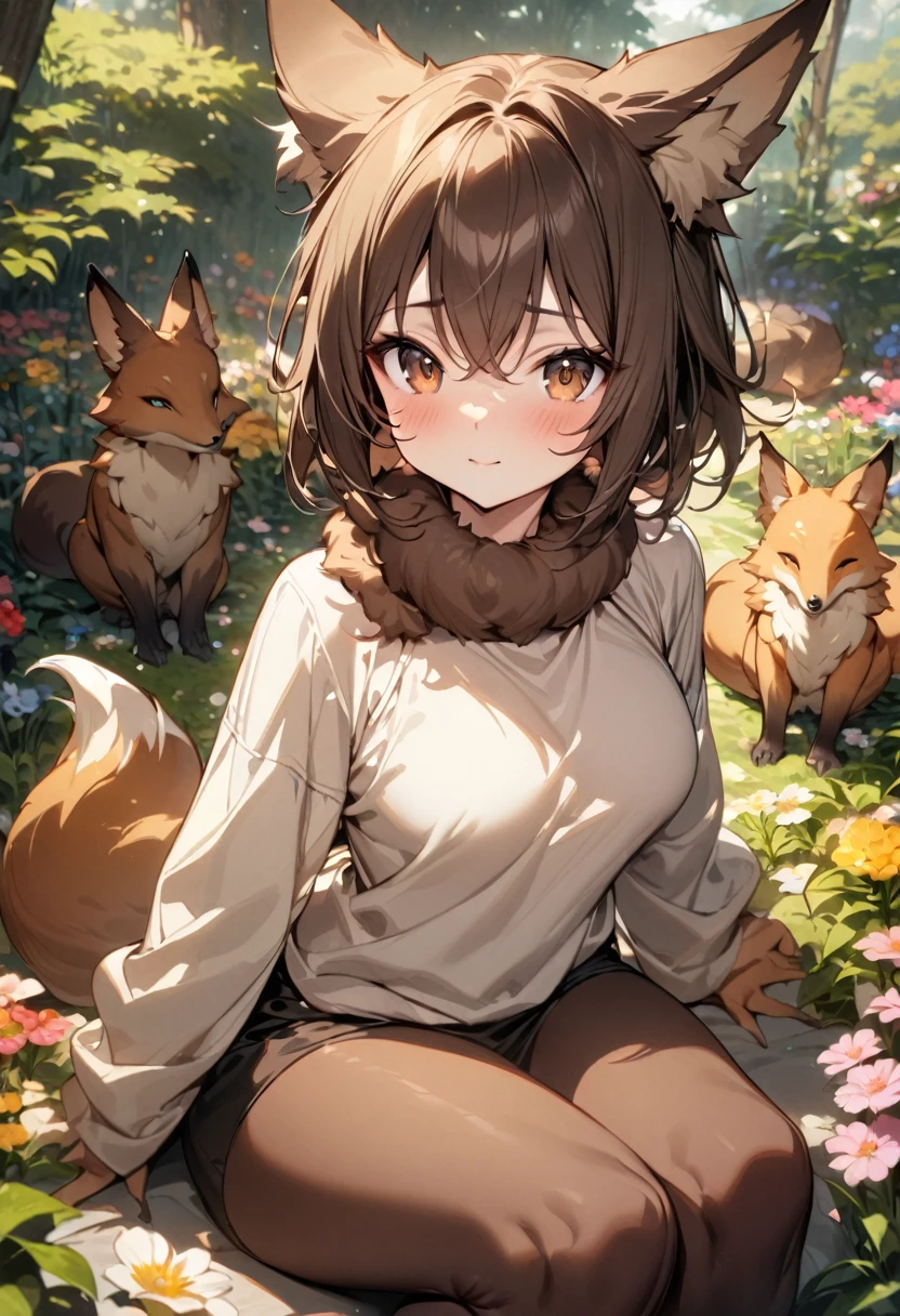 Fox, (monster girl), long brown ears with dark brown inside, brown fur, brown fluff on the neck, brown fluffy tail with brown tip, big brown eyes, wear modest clothes, sitting in a flower garden, masterpiece, Best quality