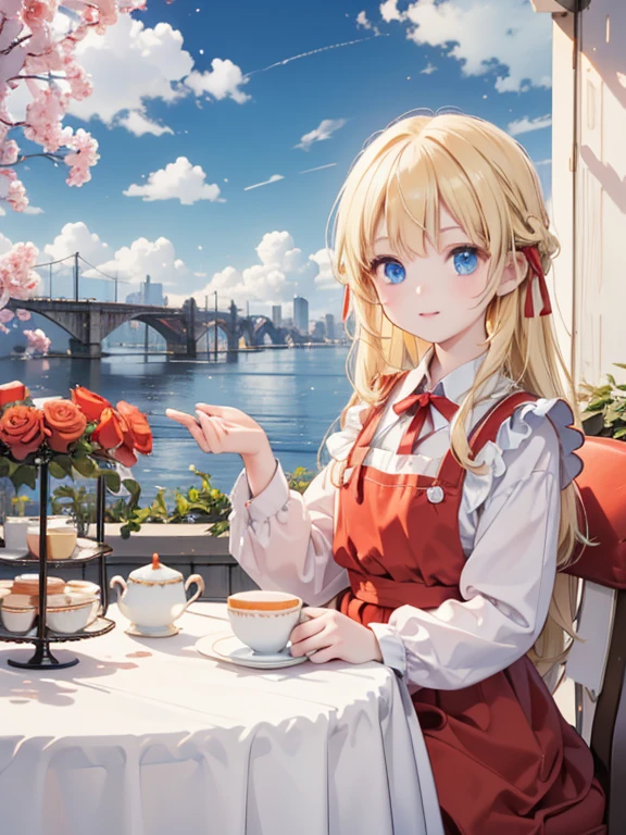 (8k, highest quality, Tabletop:1.2)、Ultra-high resolution、One ****************, Detailed face、blue eyes, Blonde, Red ribbon on head, Red dress, White apron, blue sky, garden, Red Rose, table cloth, Cake and tea set on the table, Stand by the table