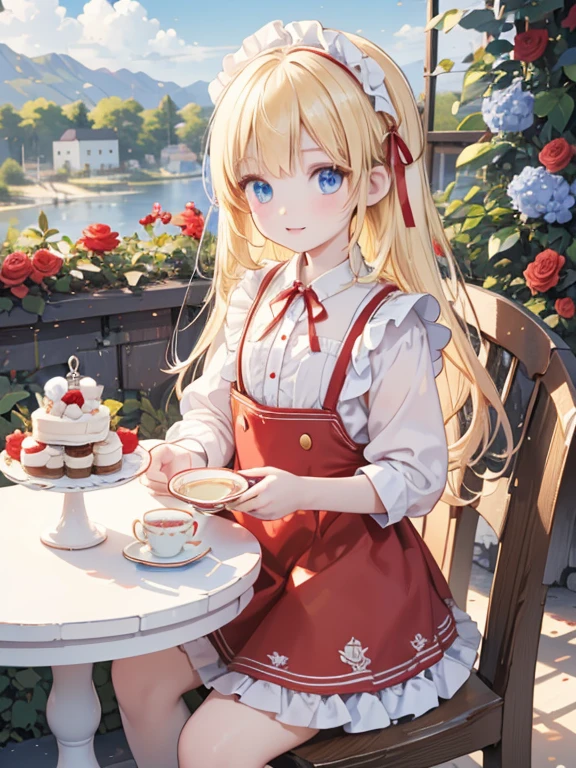 (8k, highest quality, Tabletop:1.2)、Ultra-high resolution、One ****************, Detailed face、blue eyes, Blonde, Red ribbon on head, Red dress, White apron, blue sky, garden, Red Rose, table cloth, Cake and tea set on the table, Stand by the table