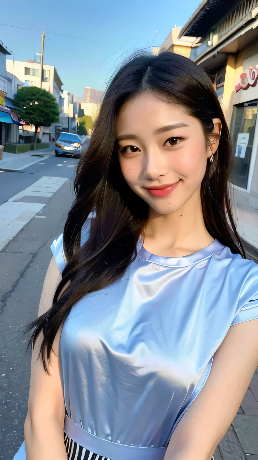 ((highest quality, 8k, 32k, masterpiece, Ultra-high resolution:1.2)),Beautiful Japanese Idol Photos, Very small breasts, Sexy clothes, View your viewers,((Street Corner,A smile that conveys intelligence,)),mole,Dimples,