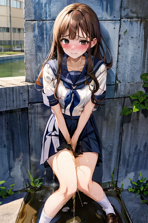 anime, 最high quality, high quality, High resolution, Beautiful woman, high school girl, Attention to detail, Good lighting, Obscene, Hentai, ((Short sleeve, cute navy sailor suit, Navy Pleated Skirt, Navy sailor collar, Blue Sailor Scarf, socks, Brown Loafers)), (Wet shorts), (((Incontinent))), (((Peeing))), (((Peeing on your own))), (Pee drips from the crotch), Pee stains, (puddle), (Thick thighs), Nice long legs, Detailed face, Pretty face, Humiliated, Embarrassing, Outdoor, Heherz