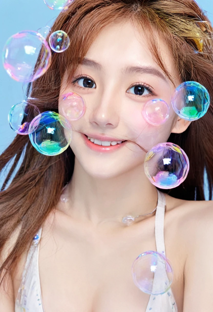 (8K, Highest quality, masterpiece: 1.2), (Real, Realistic: 1.37), Super Detail, Superrealism, (Girl), Anatomically correct, looking at the camera, Everything from the neck up is mechanical, Android, cute, solo, (Nose redness), (smile: 1.15), Beautiful Eyes, Big eyes, (Long Hair: 1.2）、Floating Hair、NovaFlo style、Brown Hair、Mechanical Body、cable、gear、Mirror Sphere、cyber punk、Kneeling、Countless soap bubbles、Ocean、evening、mirror、((((Brazilian Bikini))))、whole body、smile、Floating Feeling、Android
