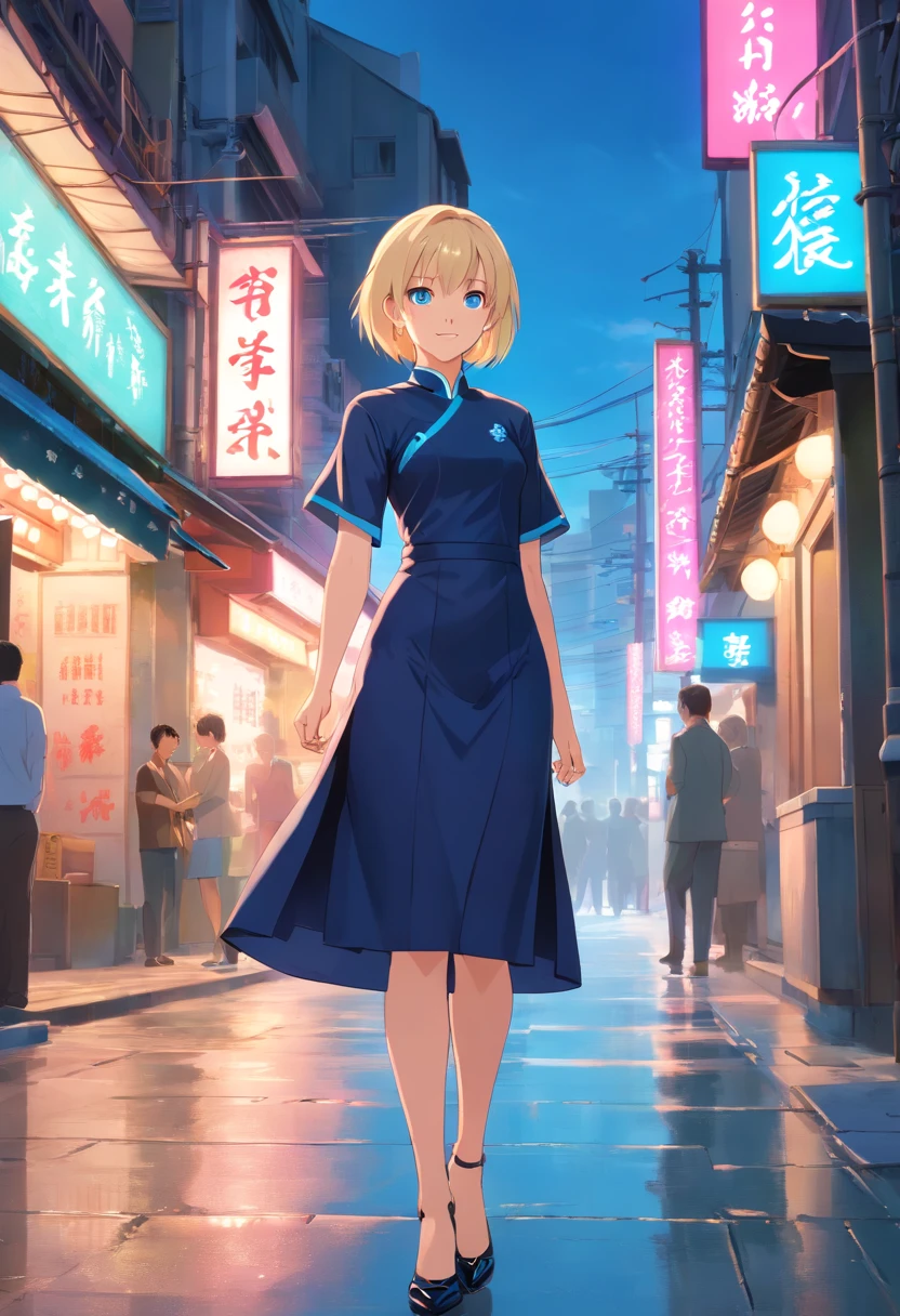 Women, ((Blonde)), ((Blue eyes)), ((Short hair)), ((Full shot)), very detailed makeup, pale pink lipstick, long earrings, wear tradicional black mini qipao Chinese short dress, black high heels, she's posing stand in chinese street.
