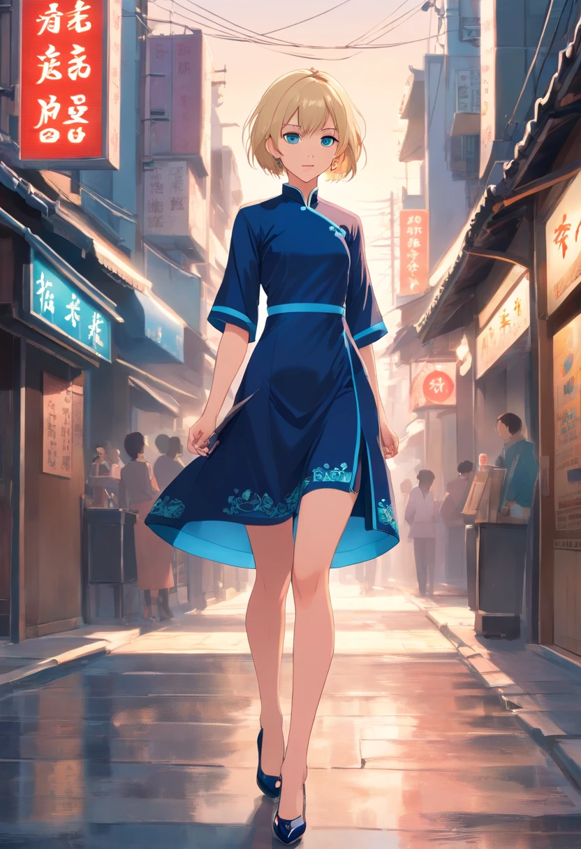 17 years old Women, ((Blonde)), ((Blue eyes)), ((Short hair)), ((Full shot)), very detailed makeup, pale pink lipstick, long earrings, wear tradicional black mini qipao Chinese short dress, black high heels, she's posing stand in chinese street.