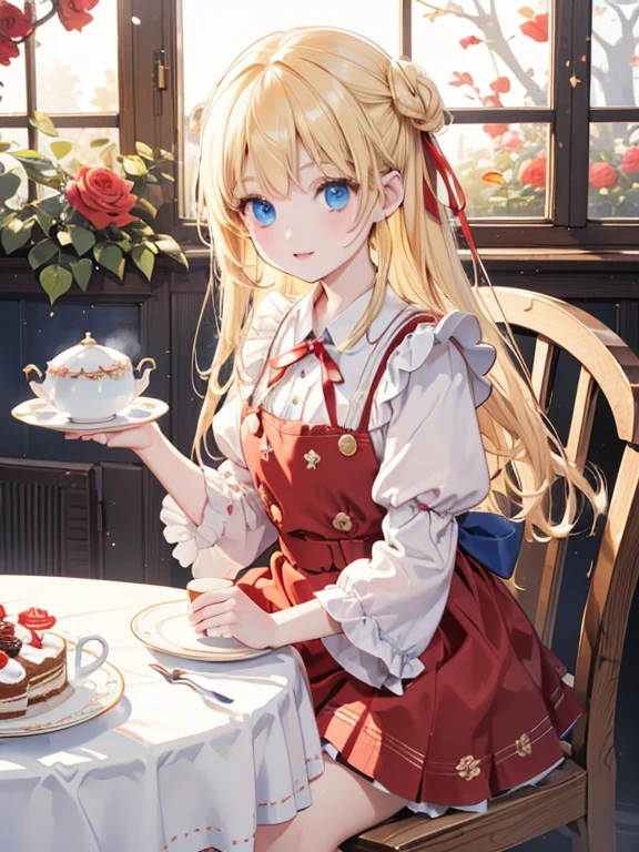 (8k, highest quality, Tabletop:1.2)、Ultra-high resolution、One ****************, Detailed face、blue eyes, Blonde, Red ribbon on head, Red dress, White apron, blue sky, garden, Red Rose, table cloth, Cake and tea set on the table, Stand by the table