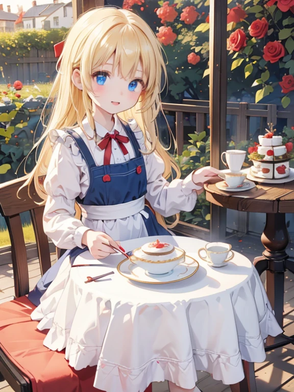 (8k, highest quality, Tabletop:1.2)、Ultra-high resolution、One 10-year-old girl, Detailed face、blue eyes, Blonde, Red ribbon on head, Red dress, White apron, blue sky, garden, Red Rose, table cloth, Cake and tea set on the table, Stand by the table