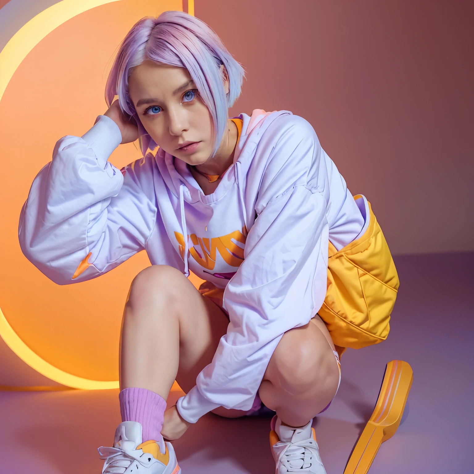 girl with short white hair, blue eyes, her sweatshirt is white with cherry at the center (the colors are purple, the sleeves are yellow orange pink hue)
Her shorts are purple colored.
Her shoes are white
she has a rocket backpack (the colors are purple, with yellow orange pink hue).
She has heart shaped goggles (the colors are purple, with yellow orange pink hue)