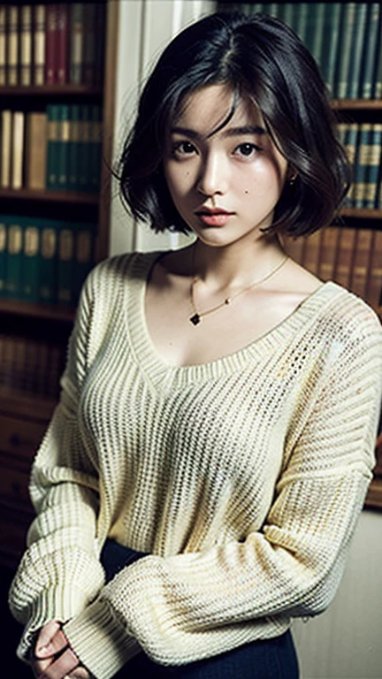 (highest quality, 8k, 32k, masterpiece, Ultra-high resolution:1.2),Beautiful Japanese Women Photos, Large Breasts, Very short bob hair,Upper Body,Loose sweater, necklace, Simple Background, From above, View your audience,((library,I have a book,)),Mole,