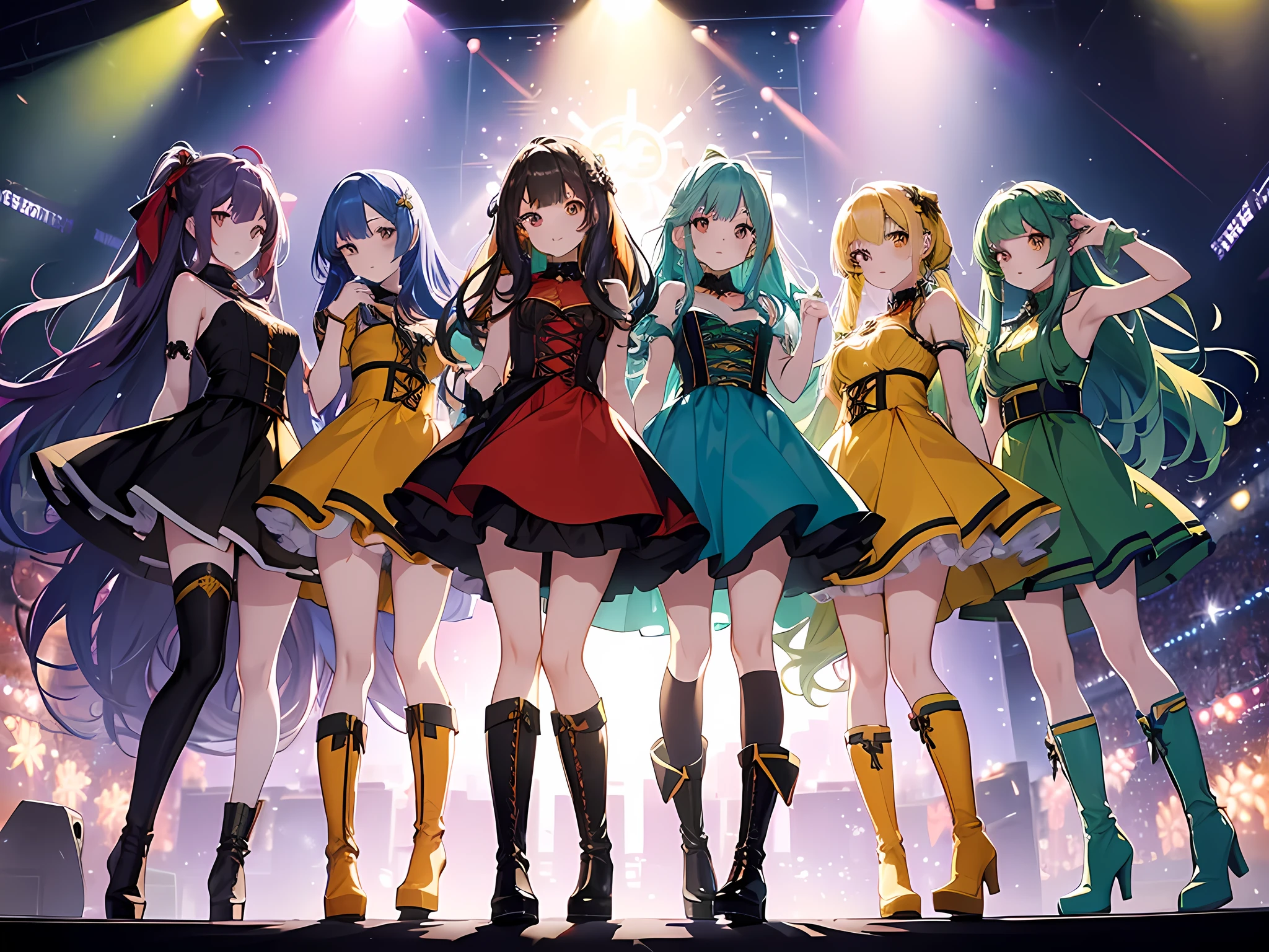 Long hair cascades down the backs of five enchanting girls, each with bright, colorful locks that sparkle in the stage lights. The girls stood in a semi-circle, their skirts swaying as they performed. The first girl wears a red dress and black boots, her hair a fiery combination of red and orange; the second girl wears a blue dress and white boots, her hair a subdued shade of turquoise; the third girl wears a green dress, her hair an emerald hue that captivates the audience; the fourth girl wears a yellow dress and yellow boots, her hair a bright shade of sun. and yellow boots, her hair a bright shade of gold like the sun; the fifth girl wears a purple dress and black boots.