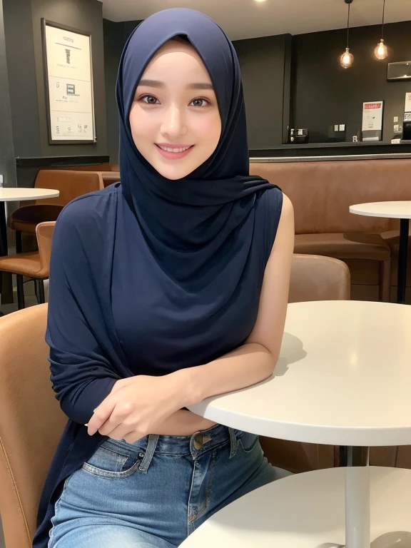 (realisitic、hight resolution:1.3)、1 girl with a perfect figure、Super thin face and eyes, modern plain hijab、Tank Tops covering coat:1 in random color.2、Short jeans、in a cafe、coffee on table、Colossal 4k, hd, best quality, seducting look, lustfull smile, horny face, sitdown in chair