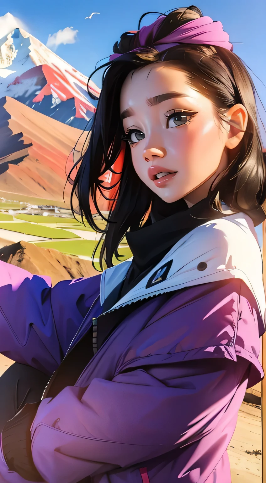Funny Grimace Pose, au Vinicunca, montagne de toute les couleurs, montagne arc en ciel, Une belle fille avec, UHD Portrait, (High quality) (ultra details) Regarder le spectateur en tenue de ville de style hip-hop; different, colourfull, very white long hair, close up