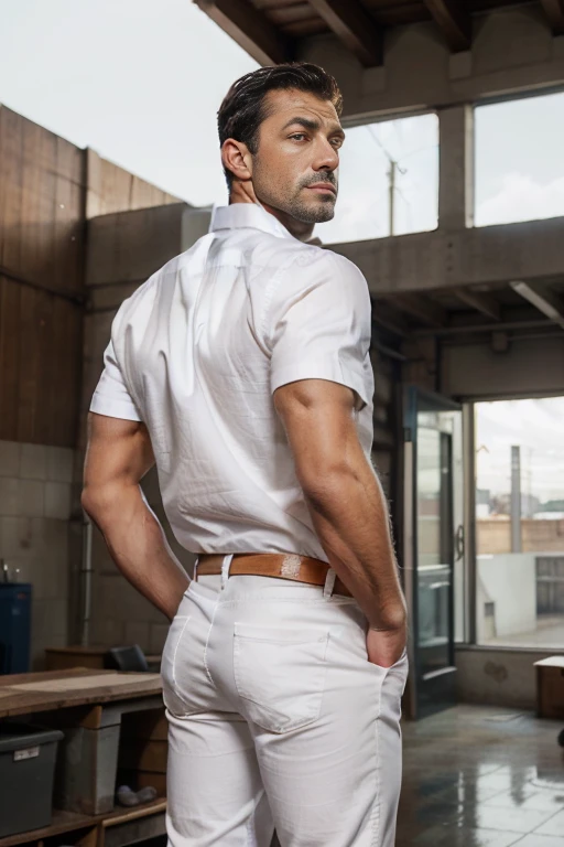 arafed 47 year old muscular man, an incredibly handsome and robust guy, full body pose, standing up, (((hands in pockets))), (((White oxford shirt))), fit, white underwear, no shoes, (on face: 1.3), facial, detailed face, perfect eyes, serious expression, short haircut, industrial background, intricate details, natural lighting, correct anatomy, good composition, masculine image, manly, crisp and crisp, skin texture, big butt backside backside