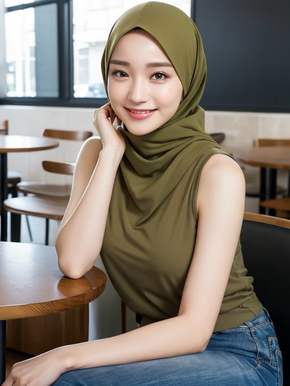 (realisitic、hight resolution:1.3)、1 girl with a perfect figure、Super thin face and eyes, modern plain hijab、Tank Tops :1 in random color.2、wearing Coat covering, Short jeans、in a cafe、coffee on table、Colossal 4k, hd, best quality, seducting look, lustfull smile, horny face, sitdown in chair