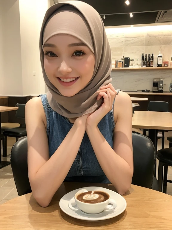 (realisitic、hight resolution:1.3)、1 girl with a perfect figure、Super thin face and eyes, modern plain hijab、Tank Tops :1 in random color.2、wearing Coat covering, Short jeans、in a cafe、coffee on table、Colossal 4k, hd, best quality, seducting look, lustfull smile, horny face, sitdown in chair