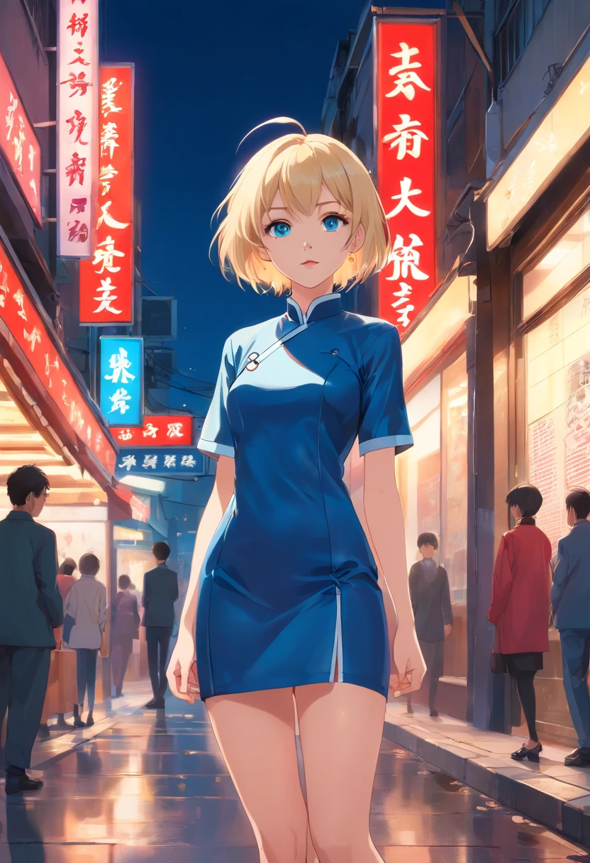17 years old Women, ((Blonde)), ((Blue eyes)), ((Short hair)), ((Full shot)), very detailed makeup, pale pink lipstick, long earrings, wear tradicional black strech latex mini qipao Chinese short dress, black high heels, she's posing stand in chinese street.