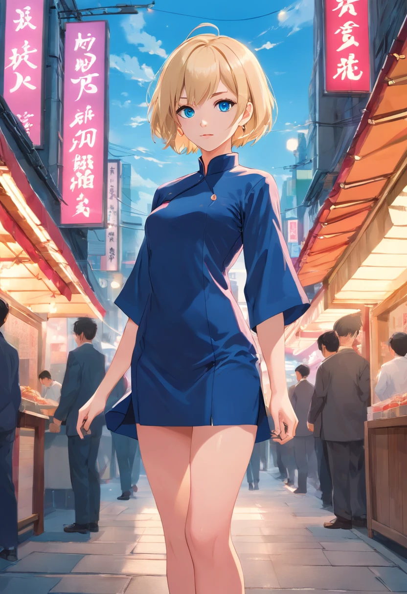 17 years old Women, ((Blonde)), ((Blue eyes)), ((Short hair)), ((Full shot)), very detailed makeup, pale pink lipstick, long earrings, wear tradicional black strech latex mini qipao Chinese short dress, black high heels, she's posing stand in chinese street.