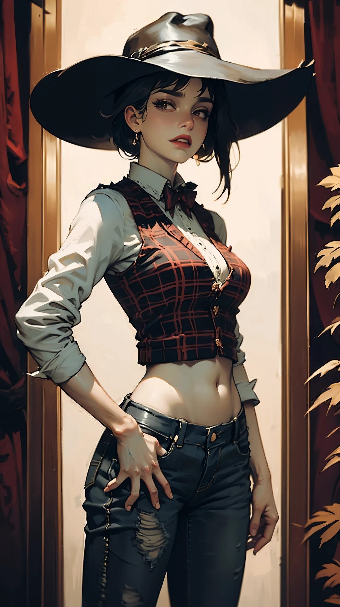 High detail oil paint artwork, very attractive female cowboy, loose plait, african american, classic cowboy outfit. wide-brimmed hat, a decorative bandana, a fitted vest over a plaid shirt, well-fitted jeans. confident and playful, one hand casually resting on her hip and the other tipping her hat. bimbo aesthetic
