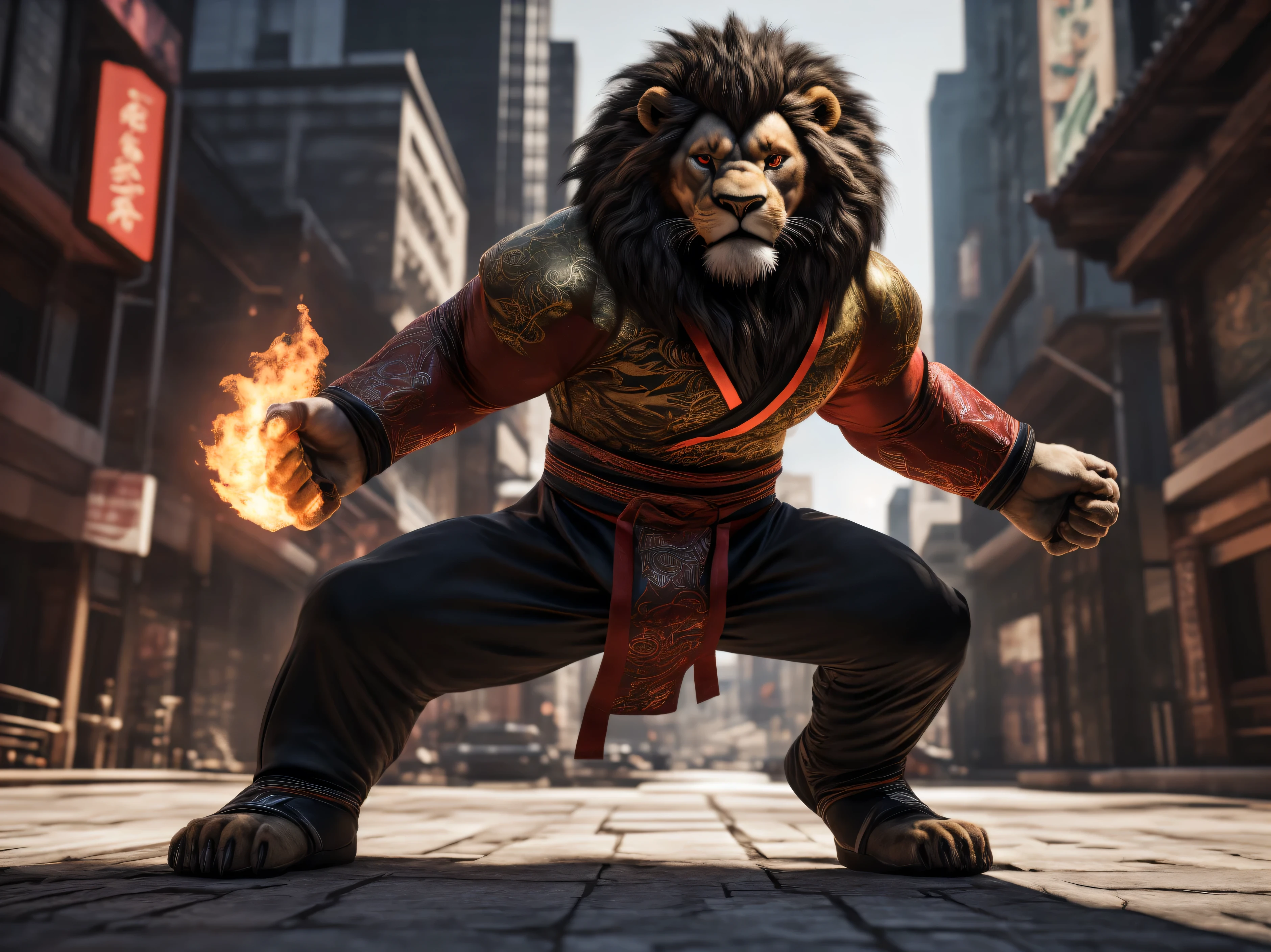 (best quality,16k,32k,highres,masterpiece:1.2),ultra-detailed,(realistic,photorealistic,photo-realistic:1.37),(The ultimate Orochi lion) Alone looking at the viewer serious expression bright red eyes Realistic background of a city on fire In the style of the king of fighters 98 full body Wearing an kung fu costume, kung fu training, 