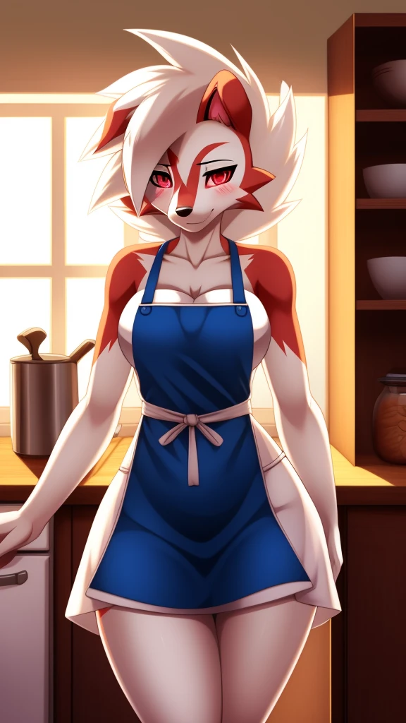 Lycanroc,furry,Bust 87,Waist 57,Thigh 86,Good resolution,kitchen,Apron set,Good light and shadow details,shade,sexy body,blushing
