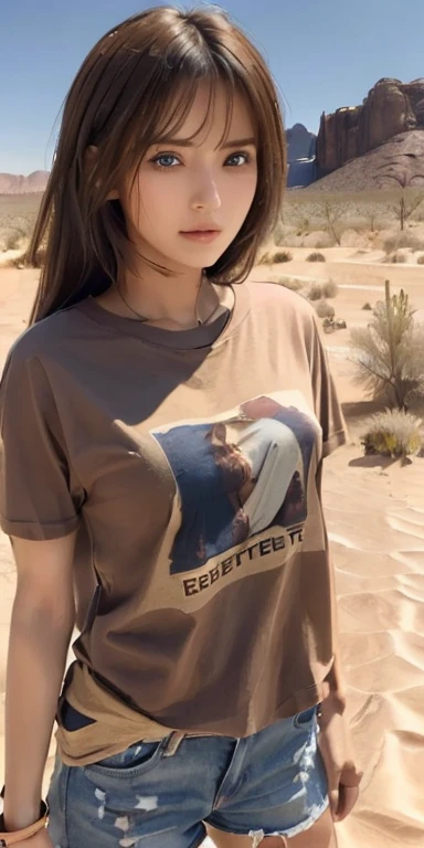 ((((Woman standing in the desert wearing only a T-shirt))))