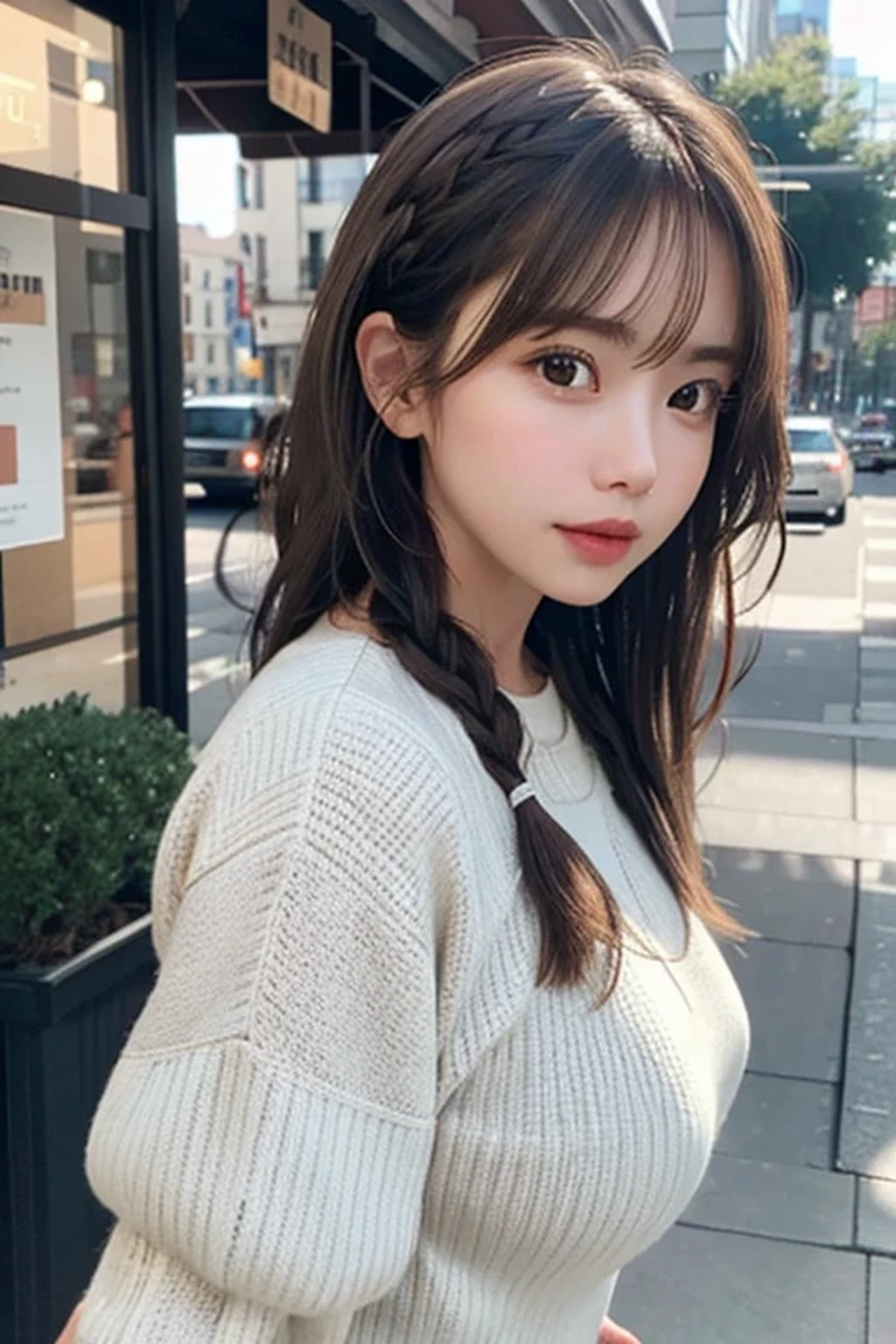 (From below:1),((One Girl)),Light brown fringe hair、Braided hair、Disheveled Hair、Light brown eyes、(Dignified look)、(Fashionable casual wear),(Big Tits)、Highlight the valley、Skyscraper district、blue sky、(Photorealistic)、(Intricate details:1.2)、(masterpiece、:1.3)、(highest quality:1.4)、(超A high resolution:1.2)、超A high resolution、(Detailed eyes)、(Detailed facial features)
