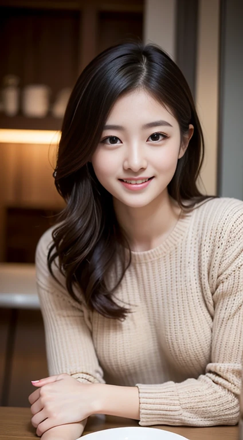 Tabletop, highest quality, figure, Very detailed, In detail, High resolution, 8k wallpaper, Perfect dynamic composition, Beautiful fine details, Winter casual wear,Medium Hair,Small Breasts Natural Color Lip, Bold sexy pose,smile,Harajuku、20-year-old girl、cute、sexy shot looking at camera