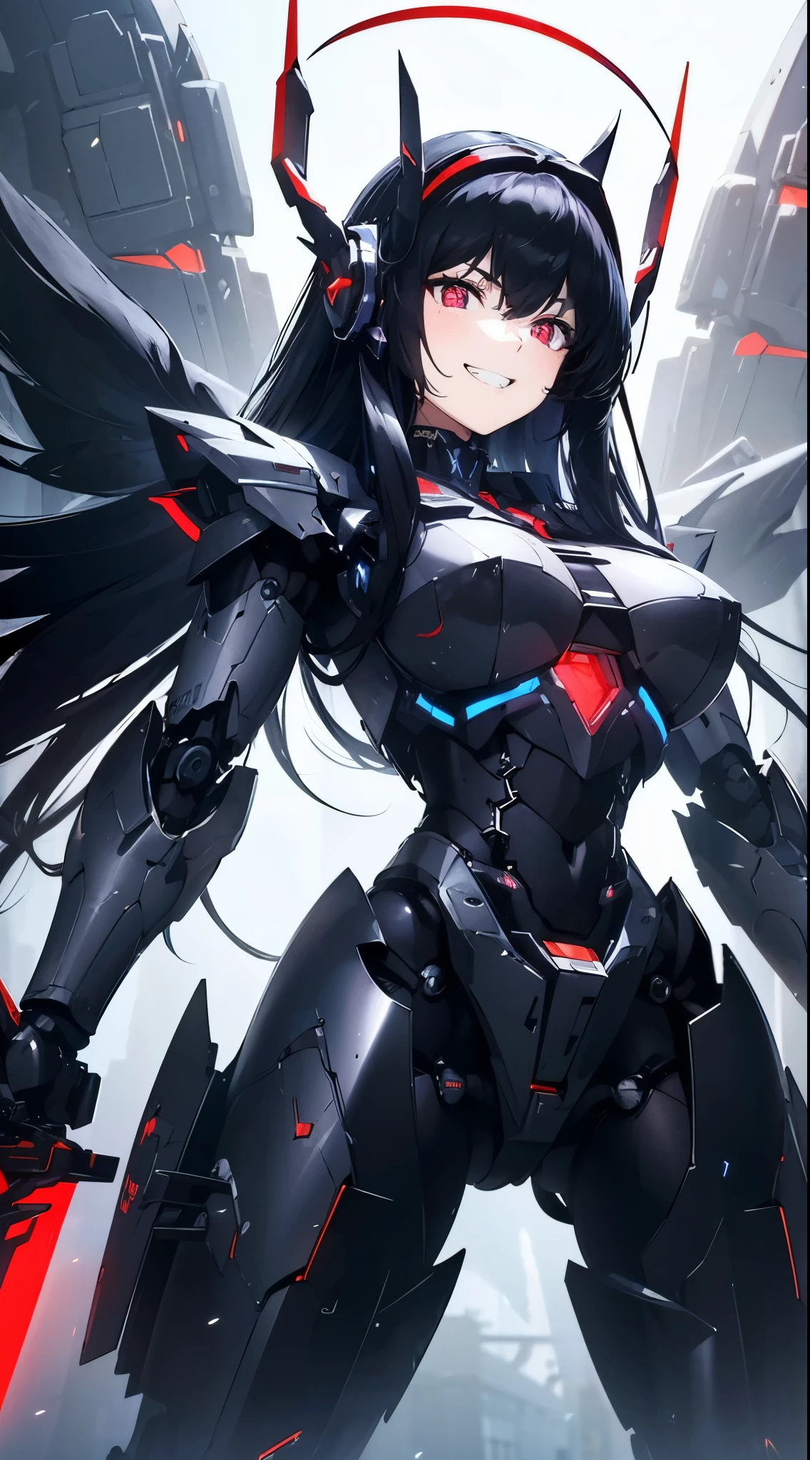 Eyes of the machine glowing red、Grinning
