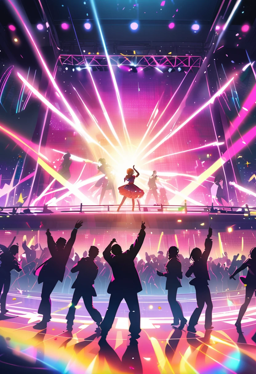Illuminated 80's style ballroom with lots of people dancing and a stage in the background with a singer at the microphone being overshadowed by a ray of colored light from the stage to the hall.